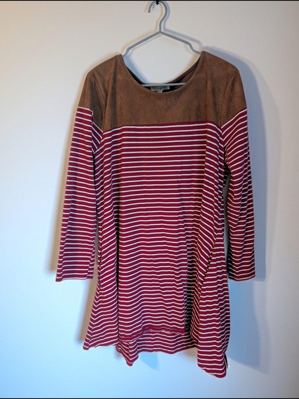 Umgee Wine and White Striped Dress with  Suede Shoulders and Elbow Patches - 1XL